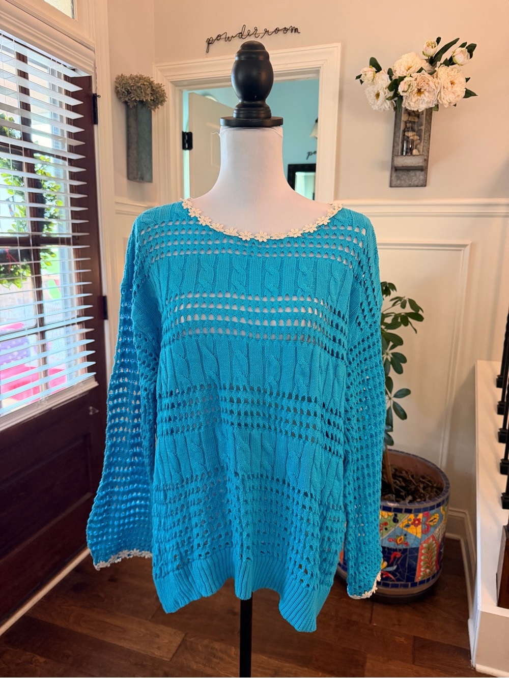 POL NWOT Crochet Knit Sweater with White Flower Lace Trim - Turquoise